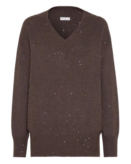 Brunello Cucinelli Brown Sequin-Embellished V-Neck Sweater