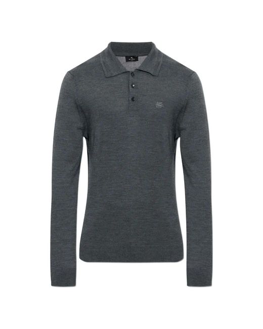 Etro Blue Logo-Embroidered Long-Sleeve Polo Shirt for men
