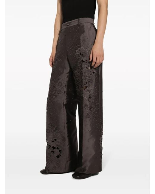 Dolce & Gabbana Gray Rhinestone-Embellished Silk Trousers for men