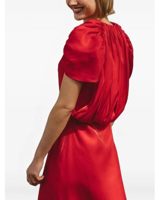 Cherubina Red Lux Ruched-Sleeve V-Neck Midi Dress
