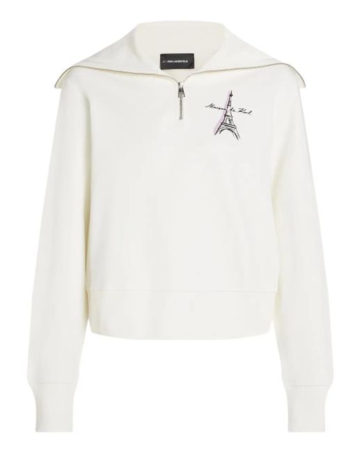 Felpa Eiffel Tower Con Mezza Zip di Karl Lagerfeld in White