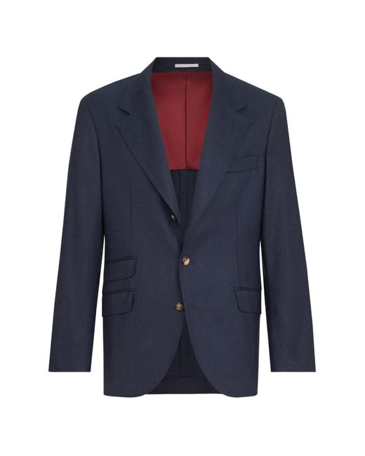 Brunello Cucinelli Blue Virgin Wool Flannel Deconstructed Cavallo Blazer for men