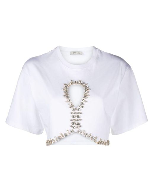 Sandro Blue Crystal-Embellished Cropped T-Shirt