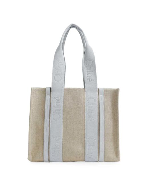 Chloé White Woody Logo-Embroidered Tote Bag