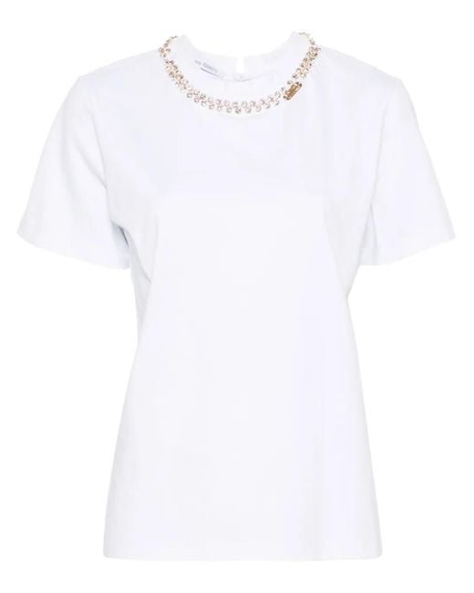 Alberta Ferretti White Crystal-Embellished Cotton T-Shirt