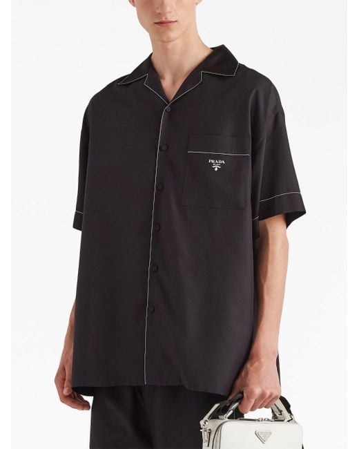 Chemise en soie à logo brodé Prada pour homme en coloris Black