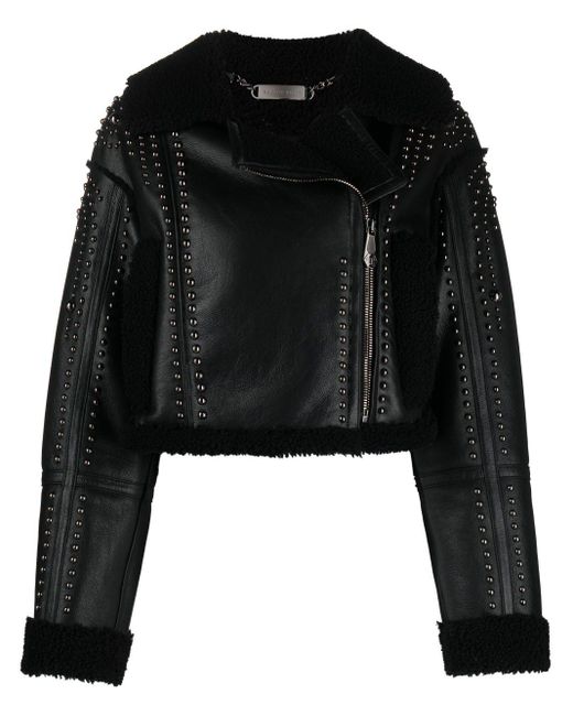 Philipp Plein Black Shearling Cropped Leather Jacket