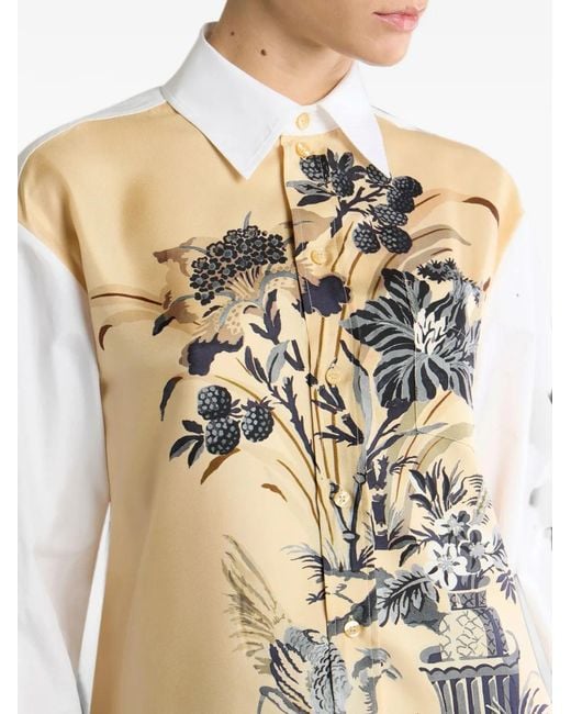 Etro White Cotton And Silk Shirt With Placed Floral Print On The Front