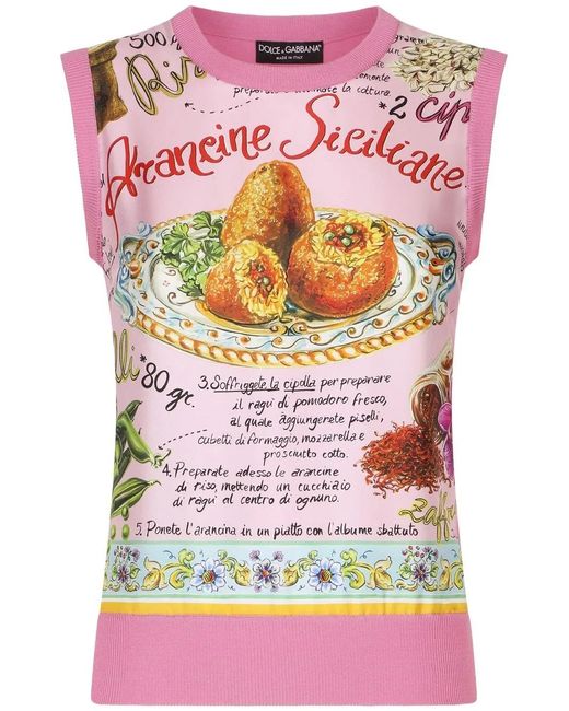 Dolce & Gabbana Pink Food-Print Panelled Silk Top