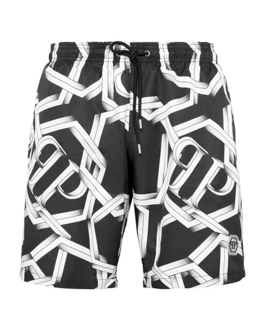 Philipp Plein Black Chain-Print Swim Shorts for men