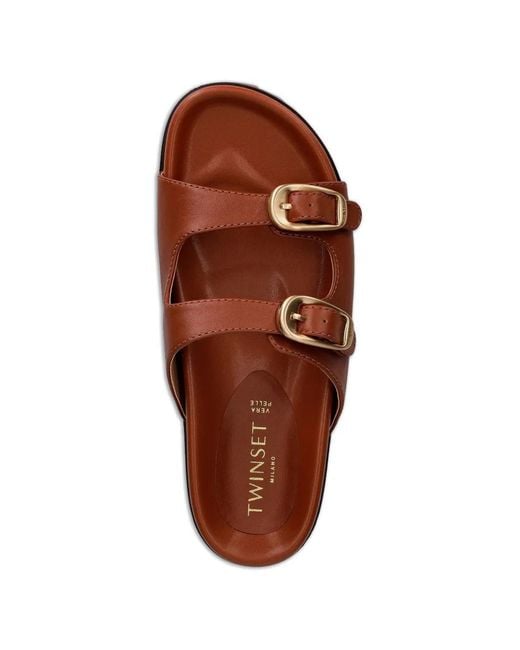 Twinset Brown Buckle-Fastening Leather Slides