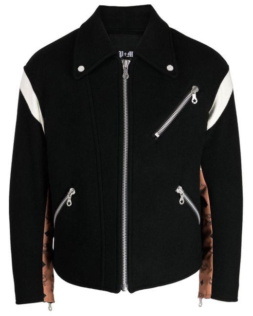 MCM Black Monogram-print Wool Biker Jacket for men