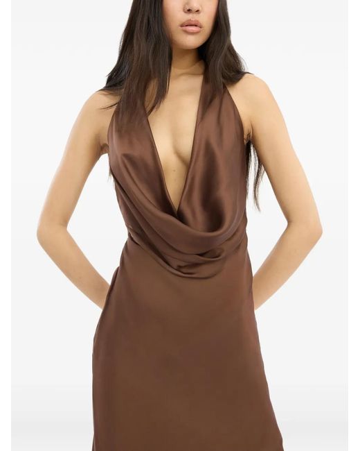 ROTATE BIRGER CHRISTENSEN Brown Elegant Halter Neck Long Dress With Deep V-Neckline