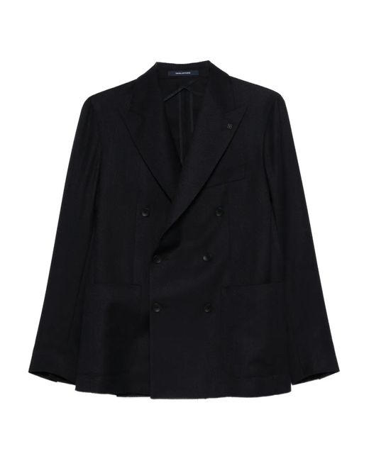 Tagliatore Black Double-Breasted Herringbone Blazer for men
