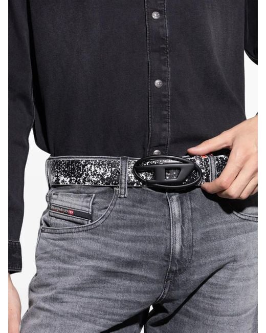 DIESEL Black Oval Logo Speckled Leather Belt for men