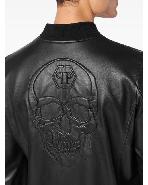 Philipp Plein Black Skull-Motif Leather Jacket for men