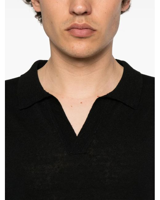 Amaranto Black Linen-Blend Polo Shirt for men