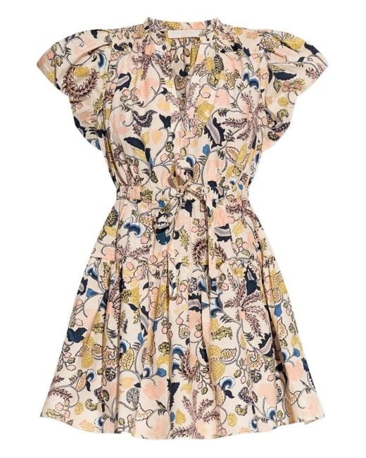 Ulla Johnson Natural Floral-Print Puff-Sleeve Mini Dress