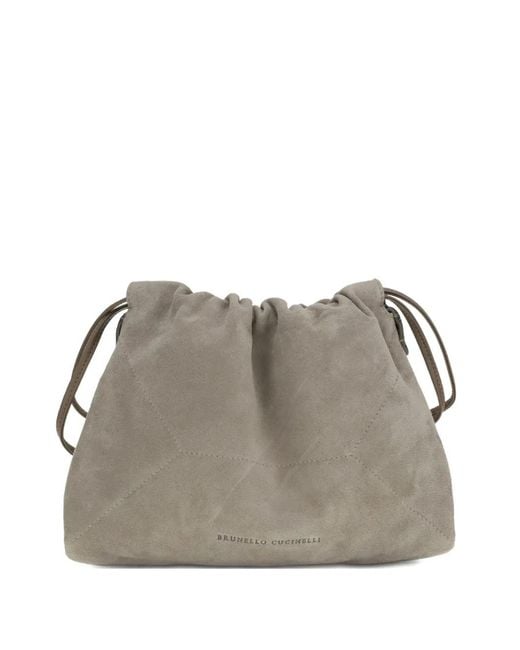 Brunello Cucinelli Gray Drawstring Suede Shoulder Bag
