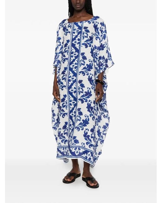 midi blue damask dress White & Blue Damask Print Flowy Midi Dress for Women