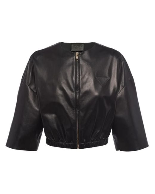Prada Black Cropped Leather Bomber Jacket