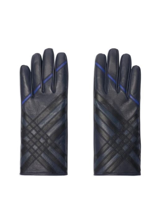 Burberry Blue Check-Pattern Leather Gloves