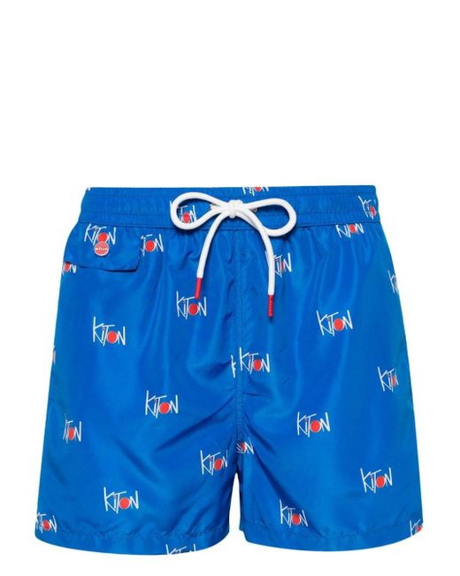 Kiton Blue All-over Logo Printed Swim Shorts for men