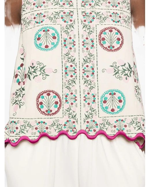 LaDoubleJ White Floral-Print Scalloped-Hem Blouse