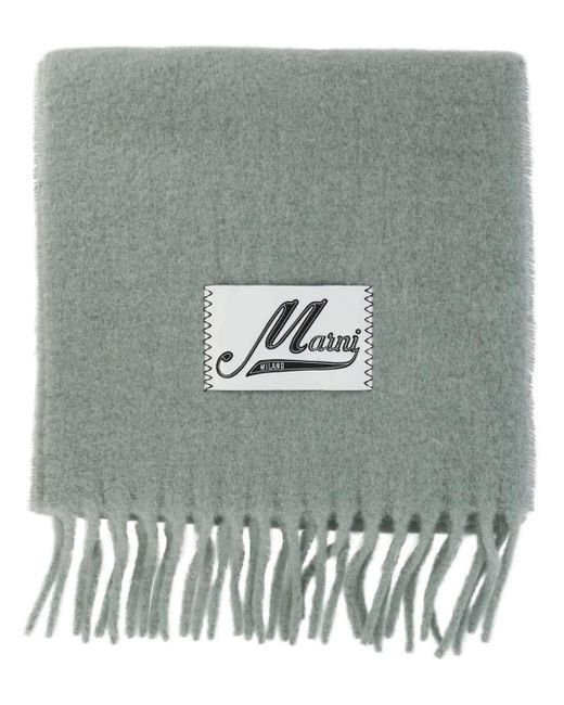 Marni Gray Logo-Appliqué Fringed Scarf