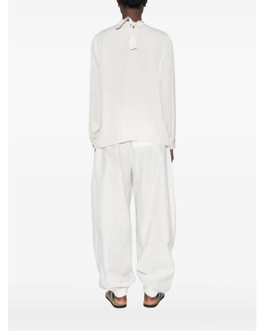 Giorgio Armani White Tie-Back High-Neck Silk Blouse