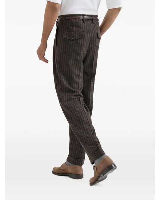 Brunello Cucinelli Black Virgin Wool And Cashmere Chalk Stripe Trousers With Double Pleats for men