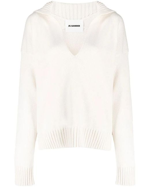Jil Sander White Knitted Split-Neck Jumper