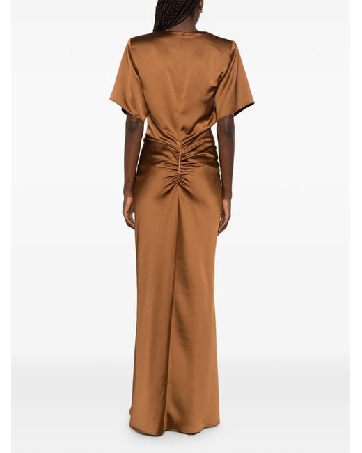 ANDAMANE Brown Iris Ruched Satin-Finish Dress