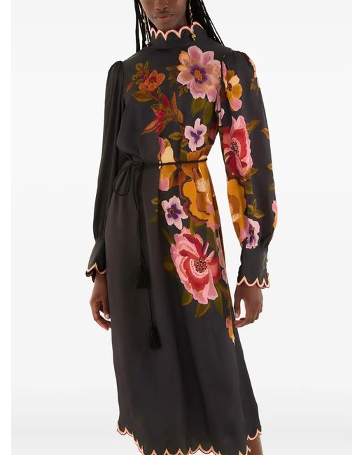 FARM Rio Scalloped Floral Midi Dress in Black | Lyst