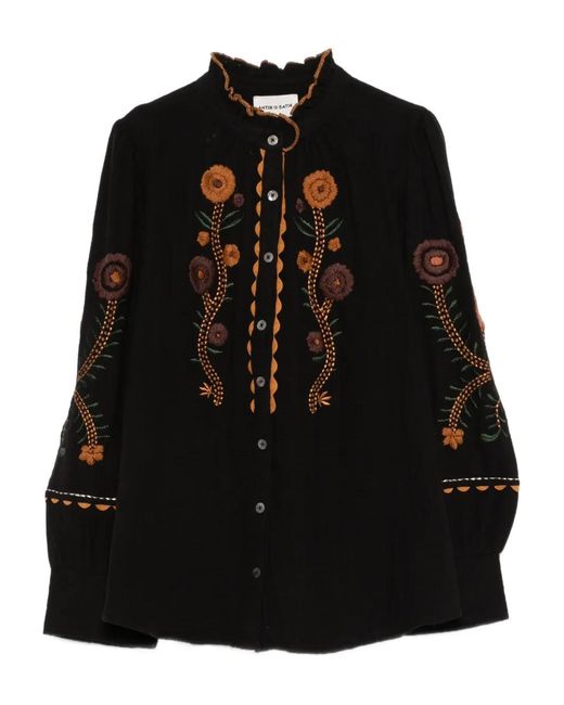 Antik Batik Black Embroidered Frill-Neck Shirt