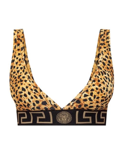 Versace Natural Leopard-Print Logo-Band Bra