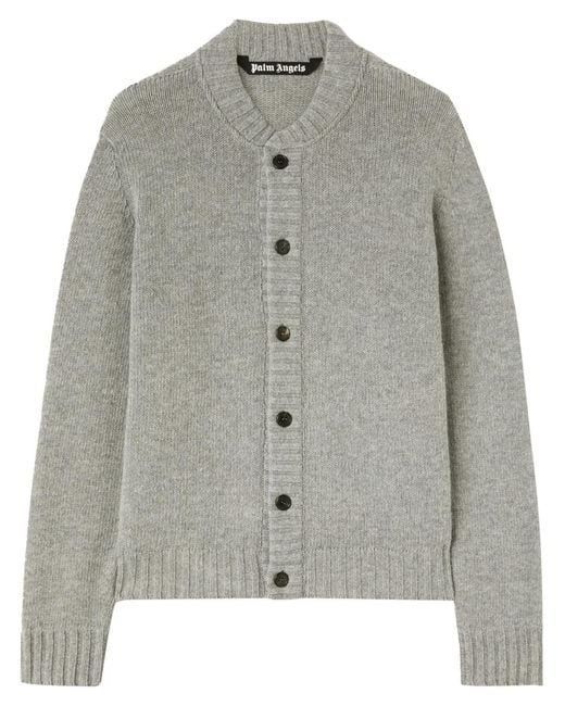 Palm Angels Gray Curved-Logo Wool-Blend Cardigan for men