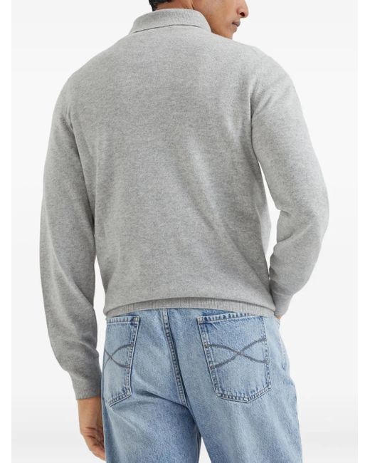 Brunello Cucinelli Gray Long-Sleeve Cashmere Polo Shirt for men