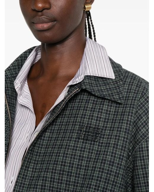 Miu Miu Green Check-Pattern Logo-Patch Jacket