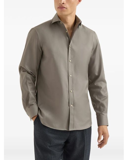 Brunello Cucinelli Gray Garment-Dyed Twill Shirt With Spread Collar for men