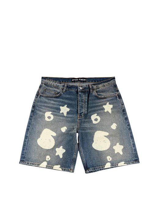 Sp5der Blue Graphic-Print Denim Shorts for men