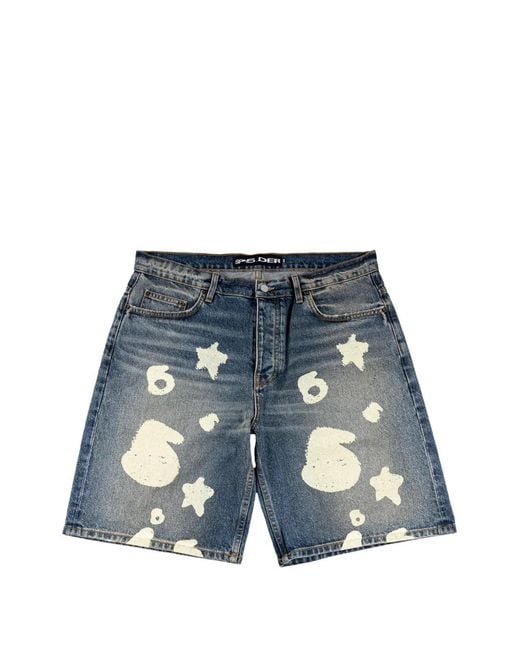 Sp5der Blue Graphic-Print Denim Shorts for men