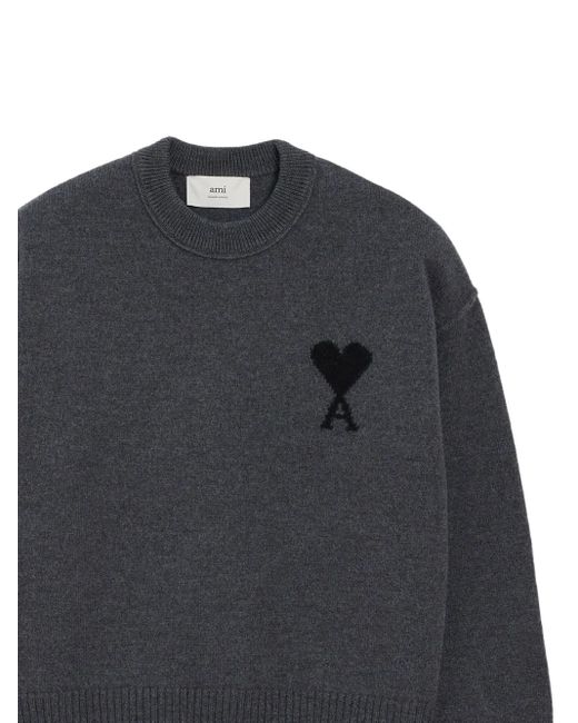 AMI Gray Ami De Coeur Crew-Neck Wool Sweater