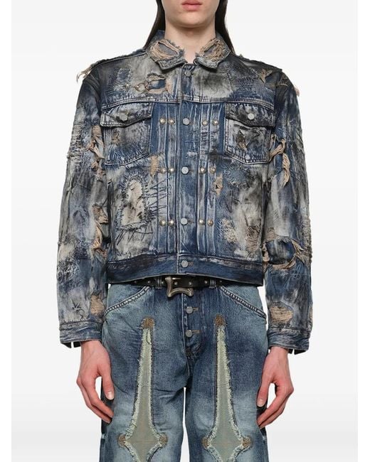 THUG CLUB Blue Hard-Washed Distressed Denim Jacket for men