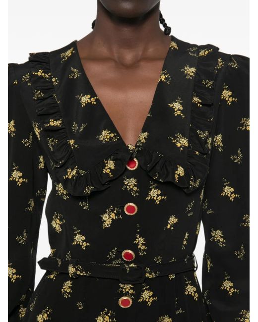 Alessandra Rich Black Floral-Print Ruffled Midi Dress