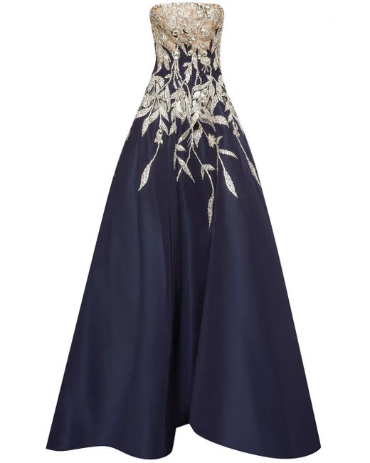 Oscar de la Renta Blue Crystal-Embellished Strapless Gown