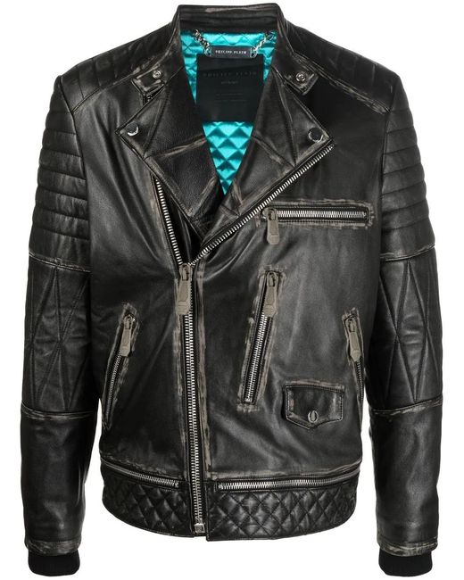 Philipp Plein Black Logo-Plaque Leather Biker Jacket for men