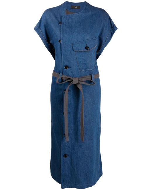 Y's Yohji Yamamoto Blue Belted-Waist Twill Denim Dress