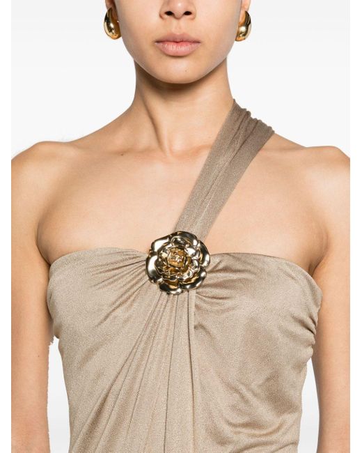 Blumarine Natural Floral-brooch One-shoulder Dress