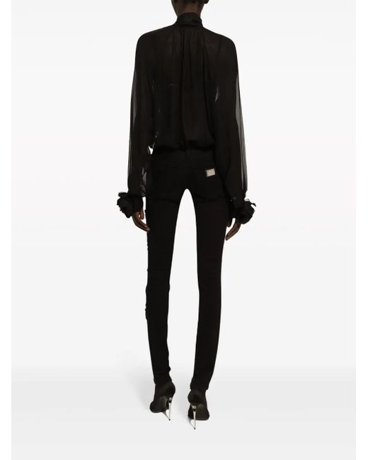 Dolce & Gabbana Black Floral-Appliqué Cotton Blouse